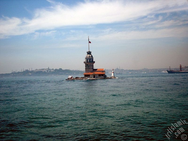 View of Kiz Kulesi (Maiden`s Tower) located in the Bosphorus from the shore of Uskudar in Istanbul city of Turkey.
