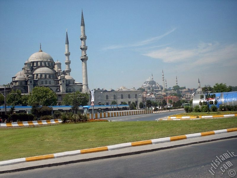 View of Yeni Cami (Mosque), Suleymaniye Mosque and below Rustem Pasha Mosque located in the district of Eminonu in Istanbul city of Turkey.
