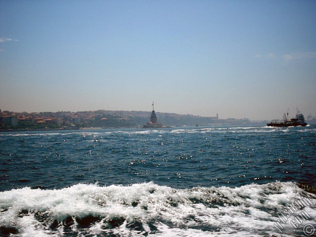 View of Kiz Kulesi (Maiden`s Tower) from the Bosphorus in Istanbul city of Turkey.
