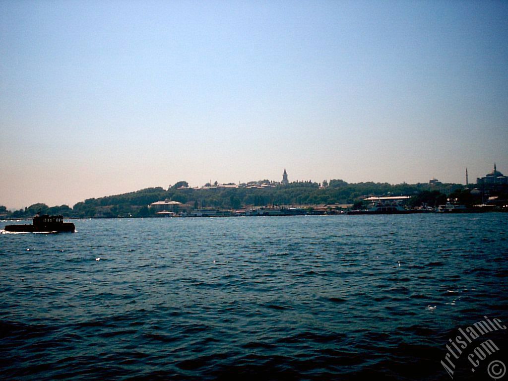 View of Eminonu coast, Ayasofya Mosque (Hagia Sophia) and Topkapi Palace from the shore of Karakoy in Istanbul city of Turkey.
